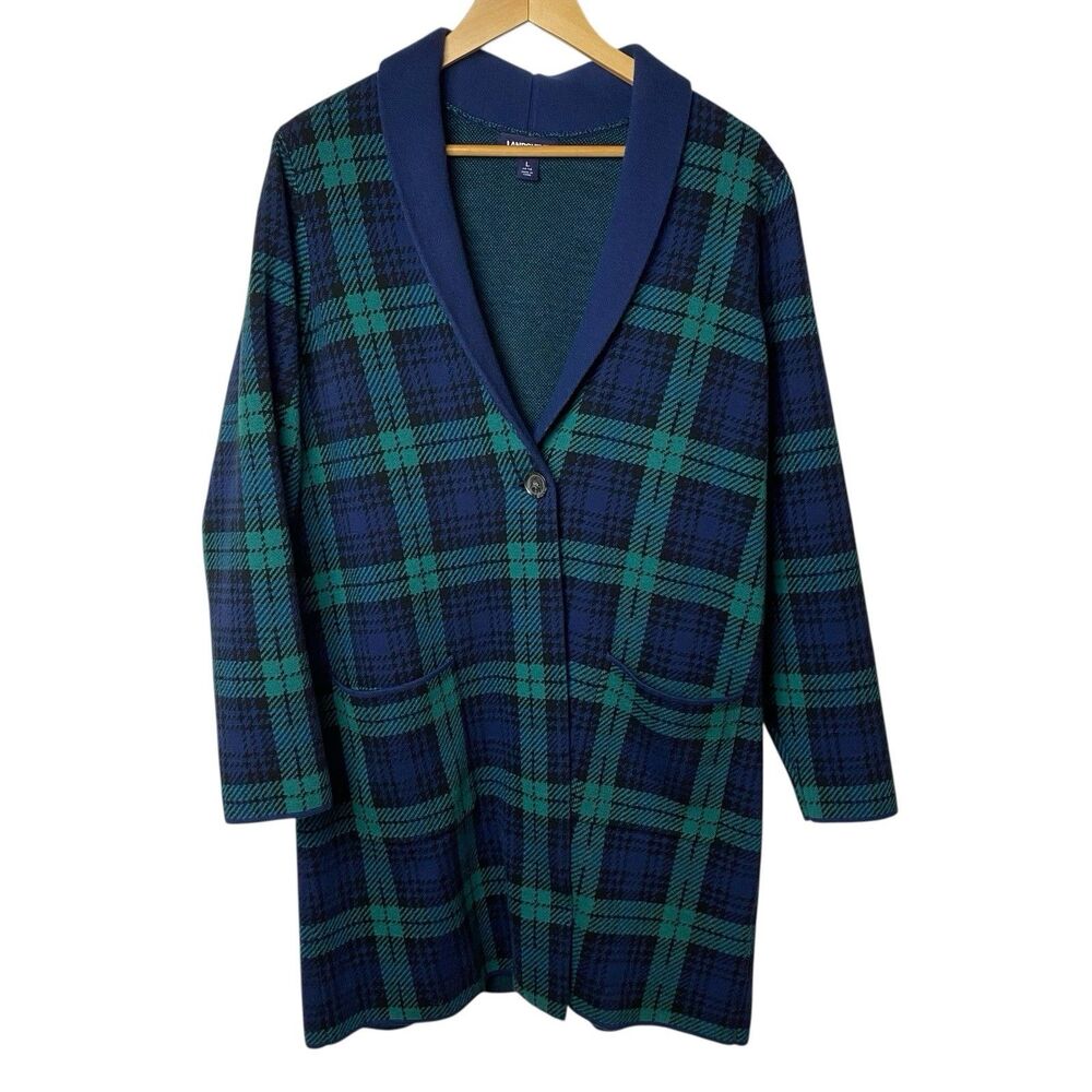 Lands End Plaid Coatigan Womens L Blue Green Longline Cardigan Pockets